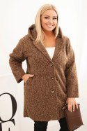 Płaszcz damski Plus Size z kapturem i kieszeniami brązowy
