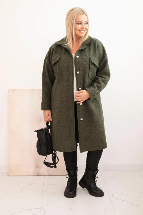 Płaszcz damski Plus Size z wełną zapinany na guziki z kieszeniami i kołnierzem khaki
