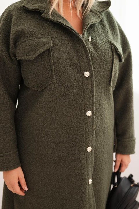 Płaszcz damski Plus Size z wełną zapinany na guziki z kieszeniami i kołnierzem khaki