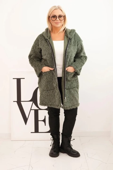 Płaszcz damski Plus Size z wiskozy zapinany na suwak z kapturem khaki