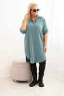 Sukienka damska koszulowa Plus Size z dłuższym tyłem i podwijanym rękawem ciemno miętowa