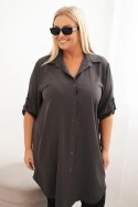 Sukienka damska koszulowa Plus Size z dłuższym tyłem i podwijanym rękawem grafitowa