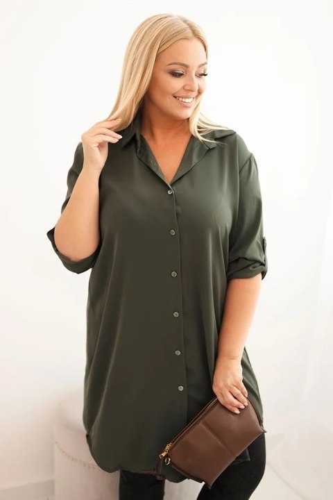 Sukienka damska koszulowa Plus Size z dłuższym tyłem i podwijanym rękawem khaki