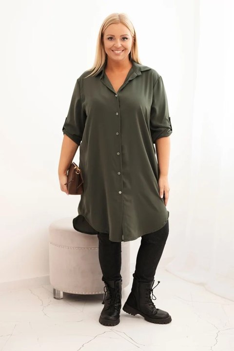 Sukienka damska koszulowa Plus Size z dłuższym tyłem i podwijanym rękawem khaki