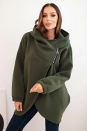 Bluza damska ocieplana z kapturem i asymetrycznym zamkiem khaki