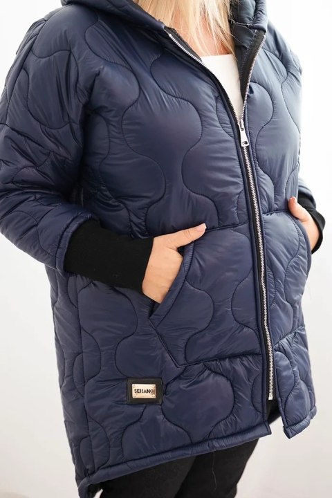 Kurtka damska zimowa Plus Size pikowana z kapturem granatowa
