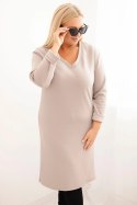 Sukienka damska Plus Size masełkowa z dekoltem V i rękawem ciemno beżowa