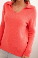 Sweter damski z baby alpaki z kołnierzem i dekoltem V różowy