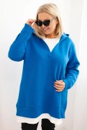 Bluza damska ocieplana Plus Size z kapturem i dekoltem w serek chabrowa