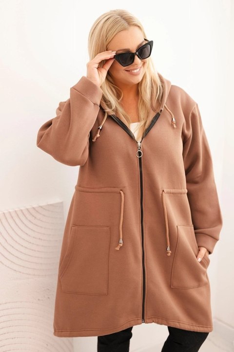 Bluza damska ocieplana Plus Size z kapturem i kieszeniami brązowa