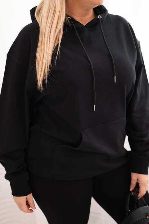 Bluza damska pętelkowa Plus Size bawełniana z kapturem i kieszenią kangurką czarna