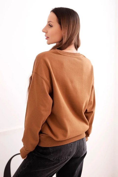 Bluza damska pętelkowa bawełniana basic z okrągłym dekoltem camelowa