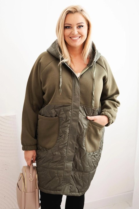 Bluza damska pikowana Plus Size z kapturem i dużymi kieszeniami khaki