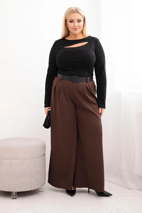 Spodnie damskie Plus Size z szeroką nogawką i paskiem brązowe