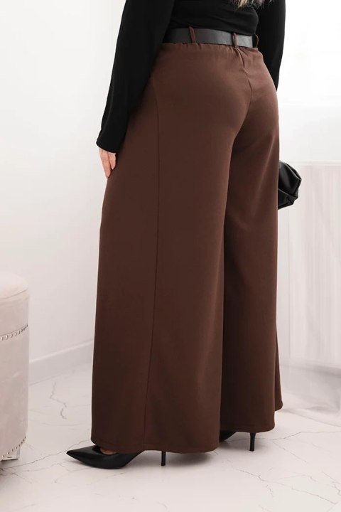 Spodnie damskie Plus Size z szeroką nogawką i paskiem brązowe