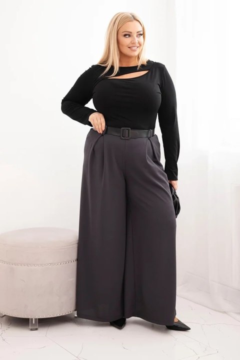 Spodnie damskie Plus Size z szeroką nogawką i paskiem grafitowe