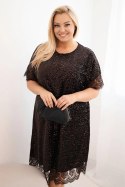 Sukienka damska Plus Size z cekinami i koronkowym wykończeniem brązowa