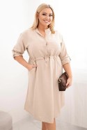Sukienka damska z wiskozy Plus Size z guzikami i wiązaniem w talii beżowa