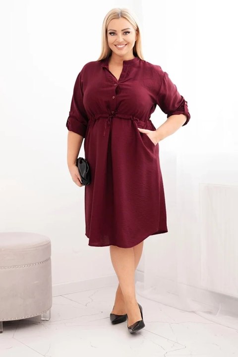Sukienka damska z wiskozy Plus Size z guzikami i wiązaniem w talii bordowa