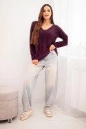 Sweter damski z miękkiej dzianiny z dekoltem V śliwkowy