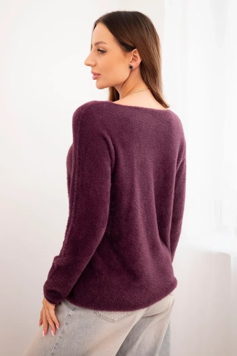 Sweter damski z miękkiej dzianiny z dekoltem V śliwkowy