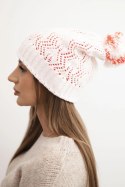Czapka damska zimowa z wełną w ozdobny splot z pomponem K467 biała + pomarańćzowa
