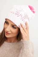 Czapka damska zimowa z wełną w ozdobny splot z pomponem K467 biała + różowa
