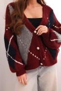 Sweter damski zapinany na guziki w romby z wełną bordowy