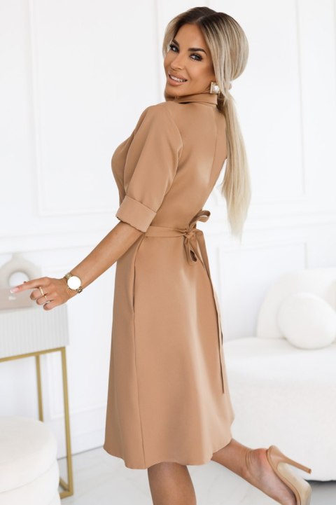 286-8 SANDY Koszulowa rozkloszowana sukienka z paskiem - MOCHA MOUSSE