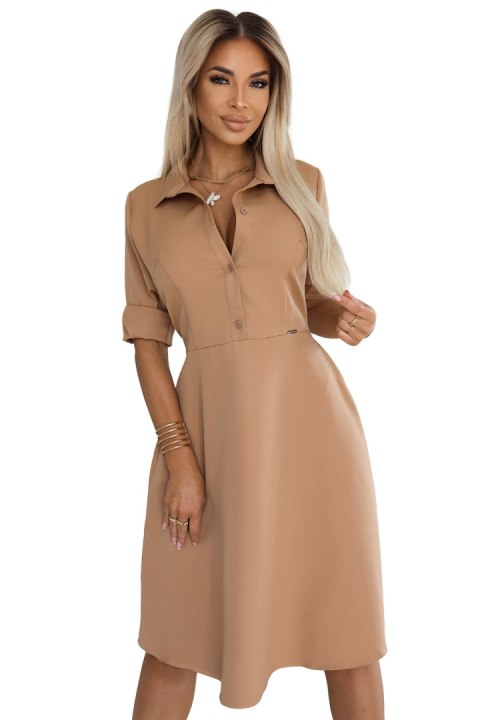 286-8 SANDY Koszulowa rozkloszowana sukienka z paskiem - MOCHA MOUSSE