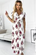 434-8 LISA Plisowana sukienka midi z dekoltem i falbankami - ecru + bordowe kwiaty