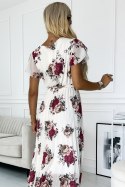 434-8 LISA Plisowana sukienka midi z dekoltem i falbankami - ecru + bordowe kwiaty