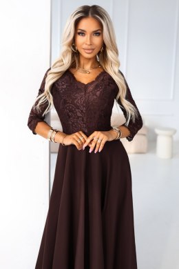 309-14 AMBER elegancka długa koronkowa suknia z dekoltem - czekolada