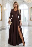 309-14 AMBER elegancka długa koronkowa suknia z dekoltem - czekolada