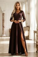 309-14 AMBER elegancka długa koronkowa suknia z dekoltem - czekolada
