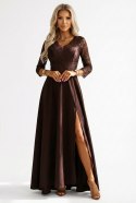 309-14 AMBER elegancka długa koronkowa suknia z dekoltem - czekolada