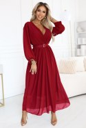 639-1 Elegancka plisowana sukienka maxi z paskiem i kopertowym dekoltem - bordowa