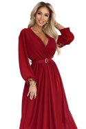639-1 Elegancka plisowana sukienka maxi z paskiem i kopertowym dekoltem - bordowa
