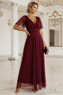 635-5 MELANIA długa błyszcząca suknia z dekoltem i krótkim rękawkiem - bordowa