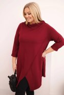 Bluzka damska bawełniana Plus Size asymetryczna z podwijanym rękawem bordowa