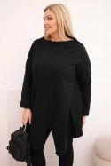 Bluzka damska bawełniana Plus Size asymetryczna z podwijanym rękawem czarna