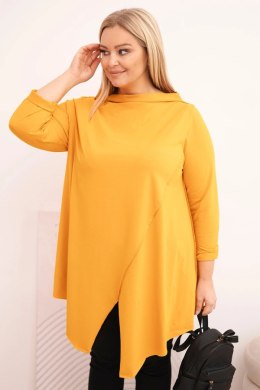 Bluzka damska bawełniana Plus Size asymetryczna z podwijanym rękawem musztardowa