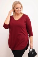 Bluzka damska bawełniana Plus Size z dekoltem V i podwijanym rękawem bordowa