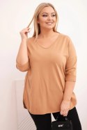 Bluzka damska bawełniana Plus Size z dekoltem V i podwijanym rękawem camelowa