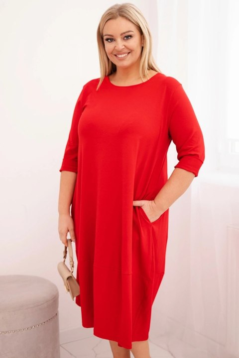 Sukienka damska bawełniana Plus Size z podwijanym rękawem i kieszeniami czerwona