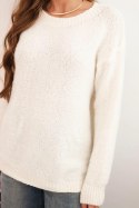Sweter damski z wełną z długim rękawem i okrągłym dekoltem ecru