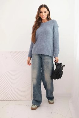 Sweter damski z wełną z długim rękawem i okrągłym dekoltem jeansowy