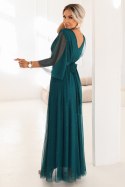 654-1 Długa połyskująca sukienka plus size z dekoltem i transparentnym rękawkiem - zieleń butelkowa