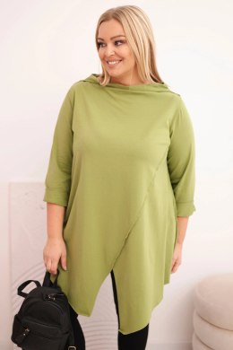 Bluzka damska bawełniana Plus Size asymetryczna z podwijanym rękawem oliwkowa