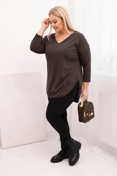 Bluzka damska bawełniana Plus Size z dekoltem V i podwijanym rękawem brązowa